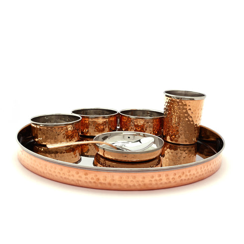 Luxurious Copper-Trimmed Thali Dining Set | 7-Piece Traditional Indian Dinnerware