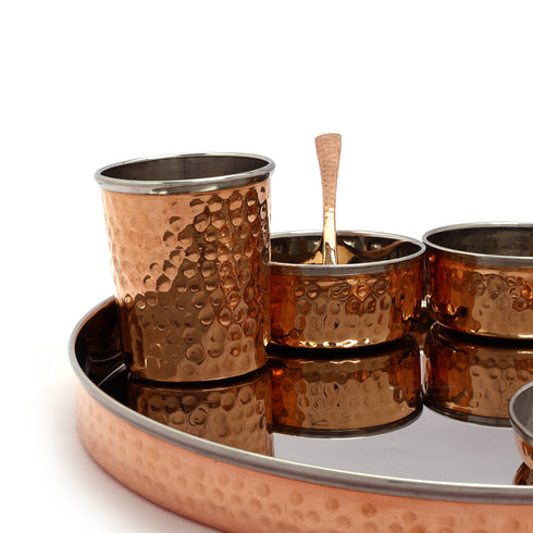 Luxurious Copper-Trimmed Thali Dining Set | 7-Piece Traditional Indian Dinnerware