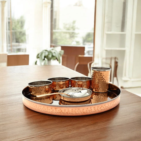 Luxurious Copper-Trimmed Thali Dining Set | 7-Piece Traditional Indian Dinnerware