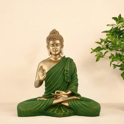 Meditating Buddha Statue – Handcrafted Polyresin Idol in Green & Gold for Home Decor, Vastu & Spiritual Gifting