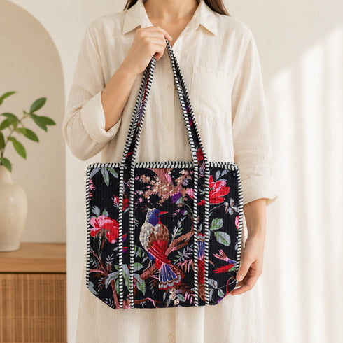 Midnight Paradise Quilted Tote Bag - Hand Block Print