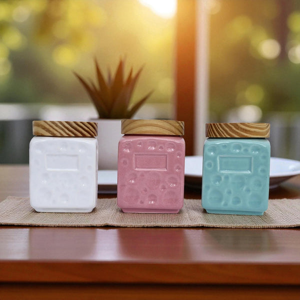 Mini Ceramic Jar with wooden Lid (Set of 3)