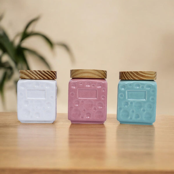 Mini Ceramic Jar with wooden Lid (Set of 3)