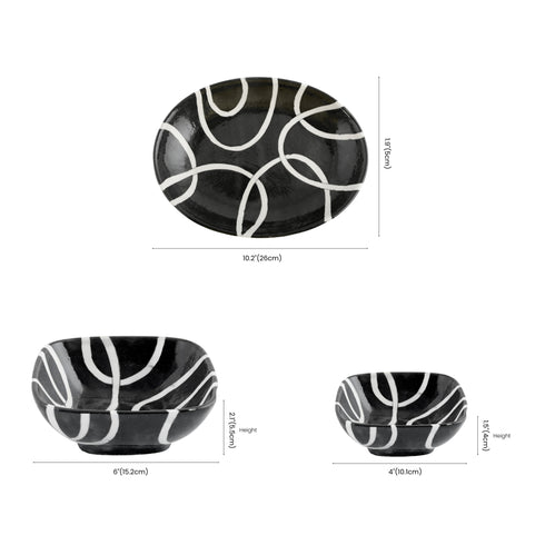 Modern Black & White Blue Pottery Bowl & Plate Set – Handcrafted Jaipur Art