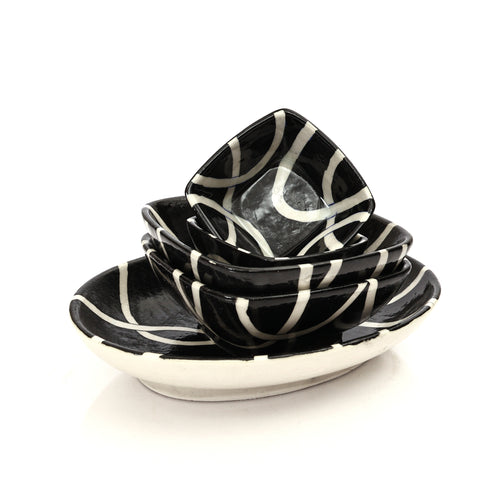 Modern Black & White Blue Pottery Bowl & Plate Set – Handcrafted Jaipur Art