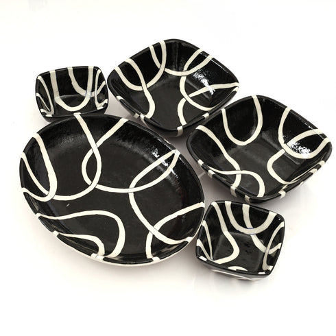 Modern Black & White Blue Pottery Bowl & Plate Set – Handcrafted Jaipur Art