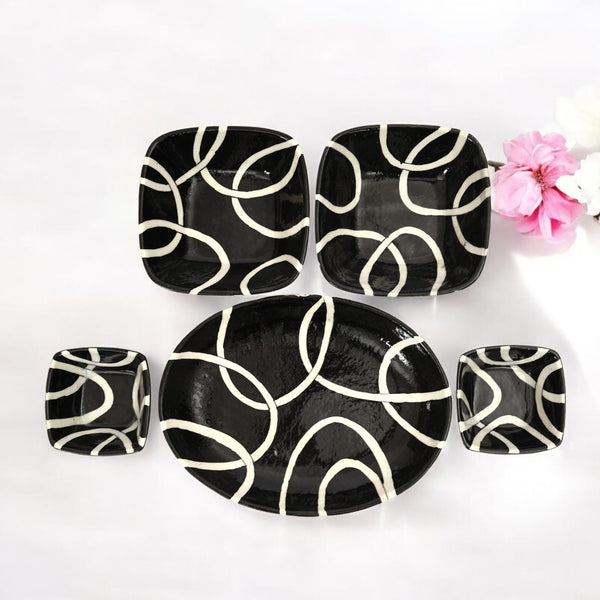 Modern Black & White Blue Pottery Bowl & Plate Set – Handcrafted Jaipur Art