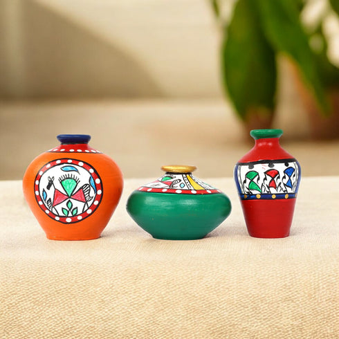 Multicoloured Handcrafted Terracotta Pots for Home Decor - Set of 3 - Warli Hand Painting