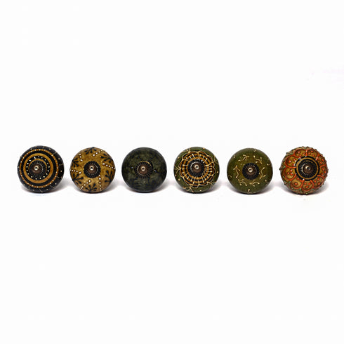 Multicoloured Handcrafted and Hand painted Ceramic Knobs—Round Shaped—Set of 6—Abstract Pattern
