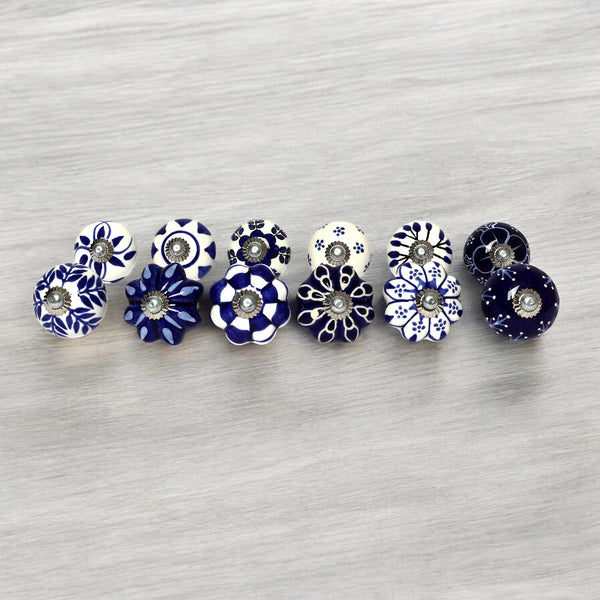 Multicoloured Handcrafted and Hand painted Ceramic Knobs—Round and Melon Shaped—Set of 12—Abstract Design