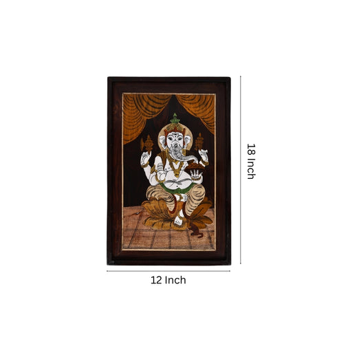 Mysore Inlay Rosewood Painting – Lord Ganesha Seated on a Lotus