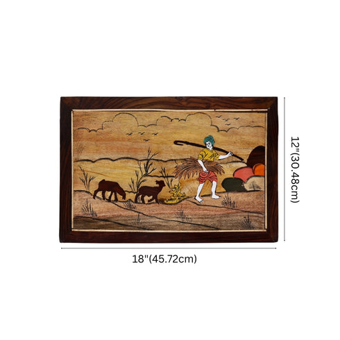 Mysore Inlay Rosewood Painting of a Farmer Carrying Crops Accompanied by Two Animal Companions