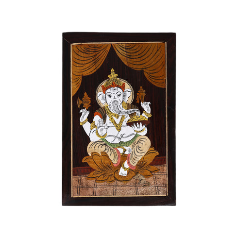 Mysore Inlay Rosewood Painting – Lord Ganesha Seated on a Lotus