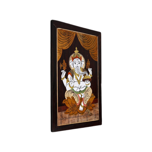 Mysore Inlay Rosewood Painting – Lord Ganesha Seated on a Lotus