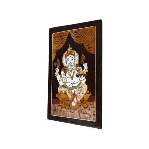 Mysore Inlay Rosewood Painting – Lord Ganesha Seated on a Lotus