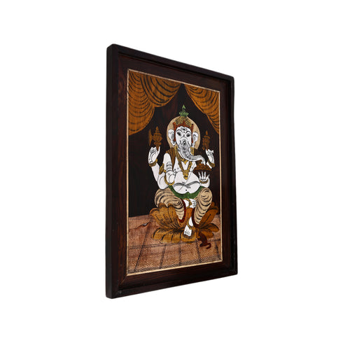 Mysore Inlay Rosewood Painting – Lord Ganesha Seated on a Lotus