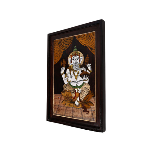 Mysore Inlay Rosewood Painting – Lord Ganesha Seated on a Lotus