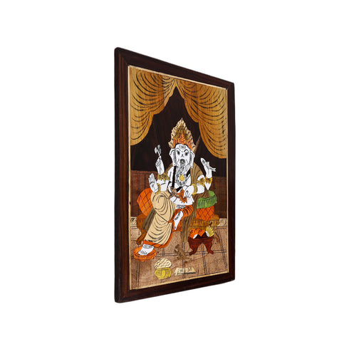 Mysore Inlay Rosewood Painting – Lord Ganesha Seated on a Royal Singhasan
