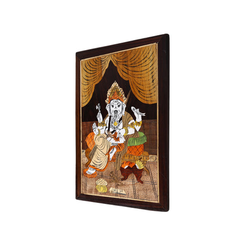 Mysore Inlay Rosewood Painting – Lord Ganesha Seated on a Royal Singhasan