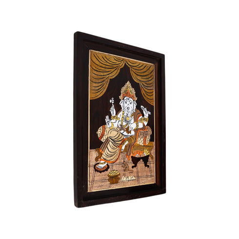 Mysore Inlay Rosewood Painting – Lord Ganesha Seated on a Royal Singhasan