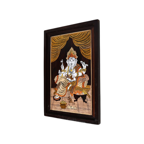 Mysore Inlay Rosewood Painting – Lord Ganesha Seated on a Royal Singhasan