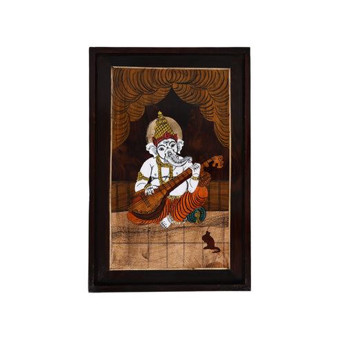 Mysore Inlay Rosewood Painting of Lord Ganesha with Veena