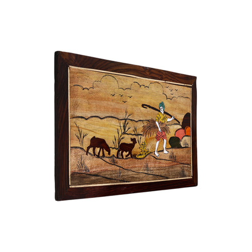 Mysore Inlay Rosewood Painting of a Farmer Carrying Crops Accompanied by Two Animal Companions