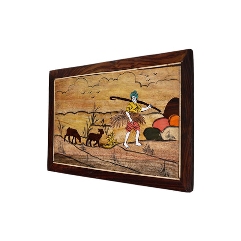 Mysore Inlay Rosewood Painting of a Farmer Carrying Crops Accompanied by Two Animal Companions