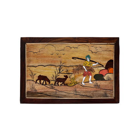 Mysore Inlay Rosewood Painting of a Farmer Carrying Crops Accompanied by Two Animal Companions