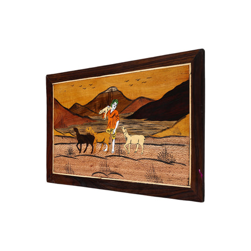 Mysore Inlay Rosewood Painting of a Farmer with Animal Companions
