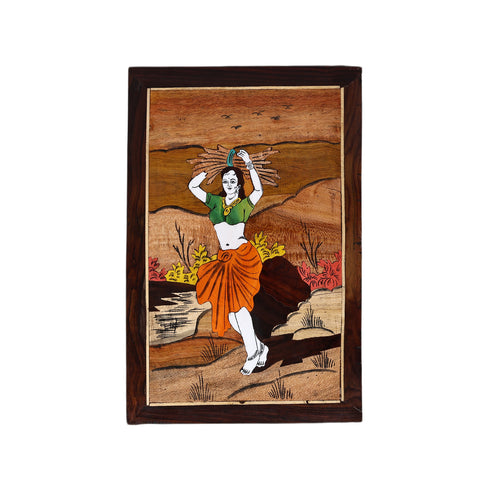 Mysore Inlay Rosewood Painting of a Lady Carrying Bundle of Woods