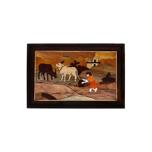 Mysore Inlay Rosewood Painting of a Lady with Cattle and Temple