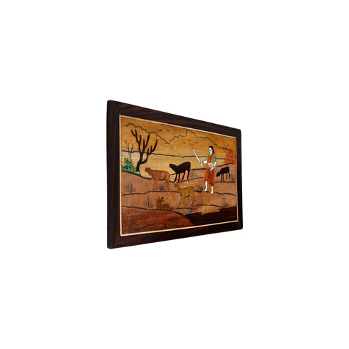 Mysore Inlay Rosewood Painting of a Lady with Goats