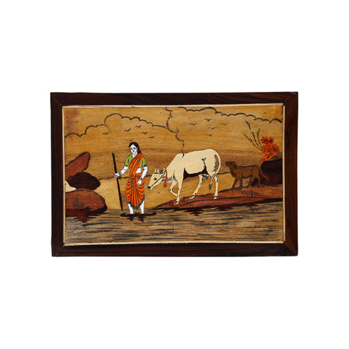 Mysore Inlay Rosewood Painting of a Woman with her Cattle