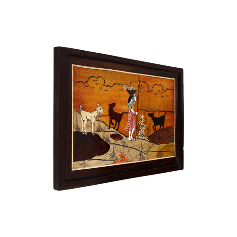 Mysore Inlay Rosewood Painting of a Women with her Goats