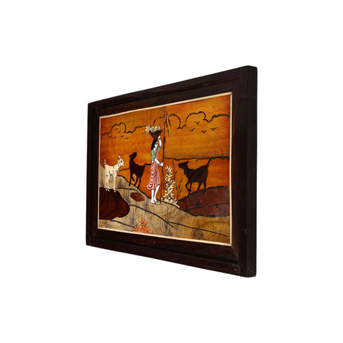 Mysore Inlay Rosewood Painting of a Women with her Goats