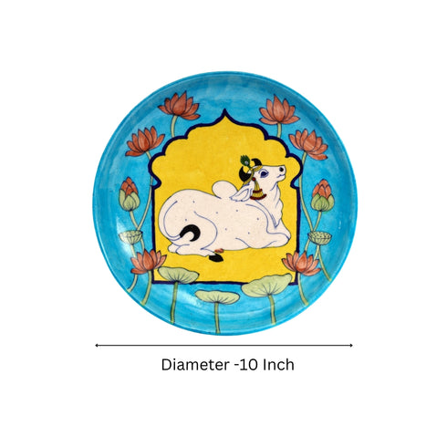 Nandi-Bull Inspired Handcrafted Blue Pottery Decorative Plate