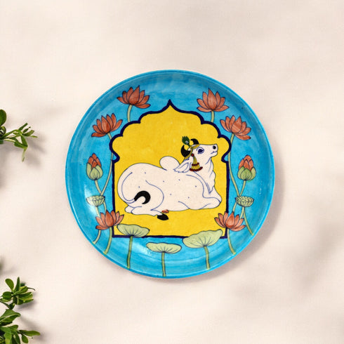 Nandi-Bull Inspired Handcrafted Blue Pottery Decorative Plate