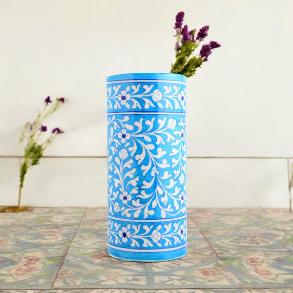 Blue Pottery Decorative Cylindrical Vase—Cyan Blue
