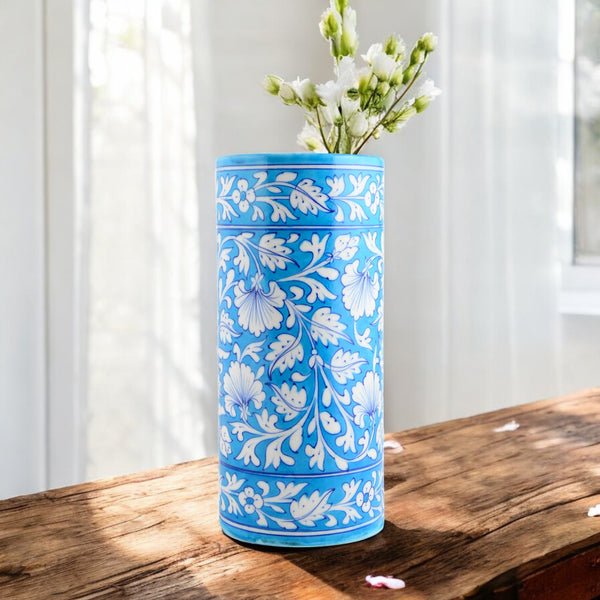 Blue Pottery Decorative Cylindrical Vase—Cyan Blue