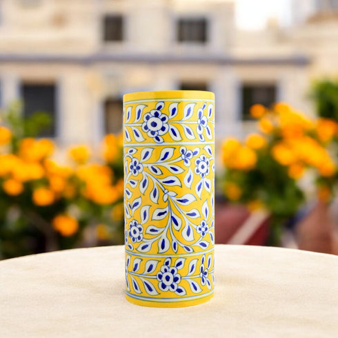 Blue Pottery Decorative Cylindrical Vase—Yellow 1