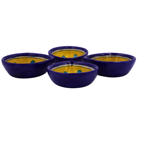 Set of 4 Blue Pottery Royal Blue and Yellow color Diyas