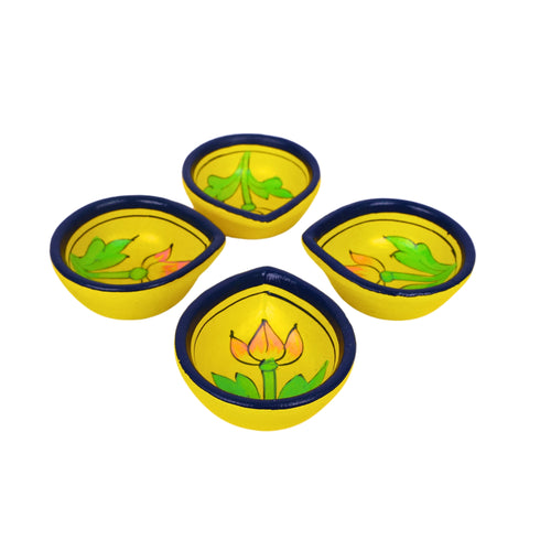 Natriel Hand-Painted Ceramic Diyas - Set of 4 – Yellow and Blue