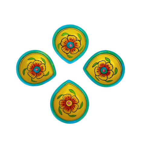 Natriel Hand-Painted Ceramic Diyas - Set of 4 – Yellow and Turquoise