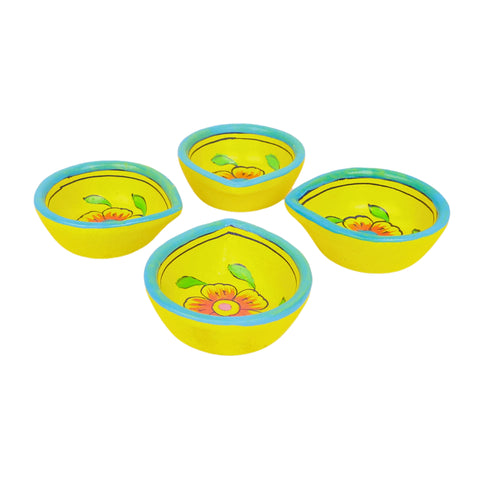 Natriel Hand-Painted Ceramic Diyas - Set of 4 – Yellow and Turquoise
