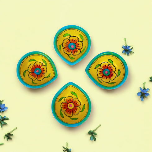 Hand-Painted Ceramic Diyas - Set of 4 – Yellow and Turquoise