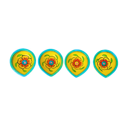 Natriel Hand-Painted Ceramic Diyas - Set of 4 – Yellow and Turquoise