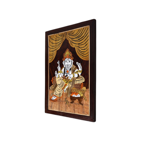 Natriel Mysore Inlay Rosewood Painting – Lord Ganesha Seated on a Royal Singhasan