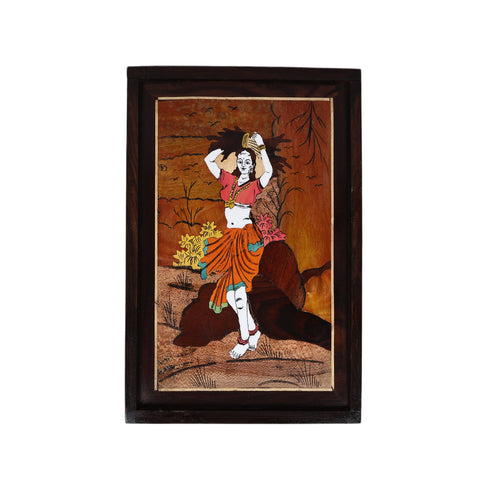 Mysore Inlay Rosewood Painting of a Lady Carrying Bundle of Woods