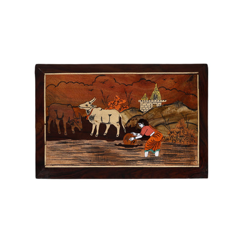 Natriel Mysore Inlay Rosewood Painting of a Lady with Cattle and Temple